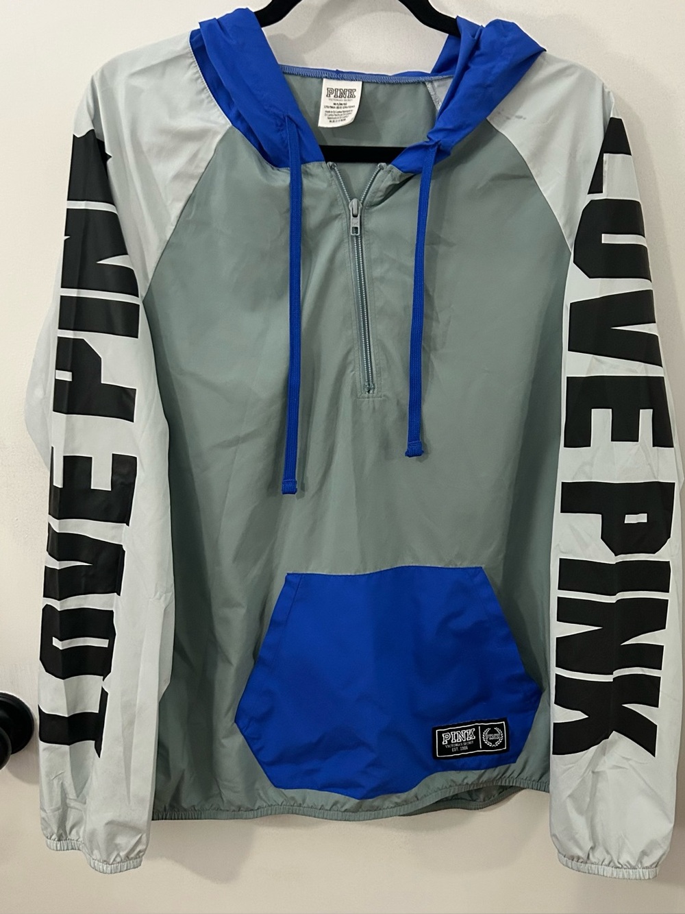 Pink by Victoria's Secret Gray, White, & Blue Hooded Windbreaker Size M/L READ